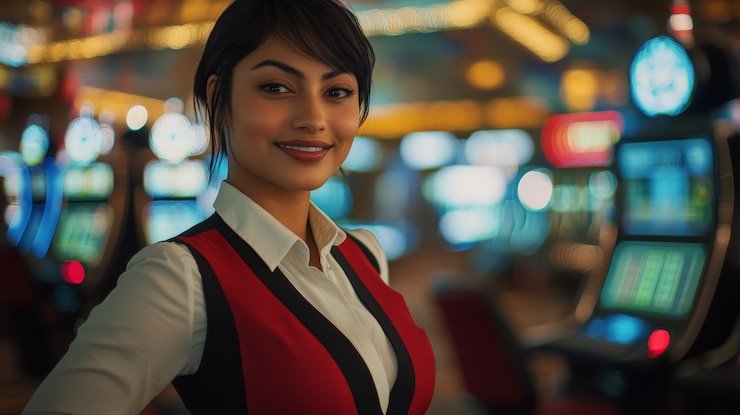 Dealer live casino profesional menyapa pemain melalui layar streaming interaktif